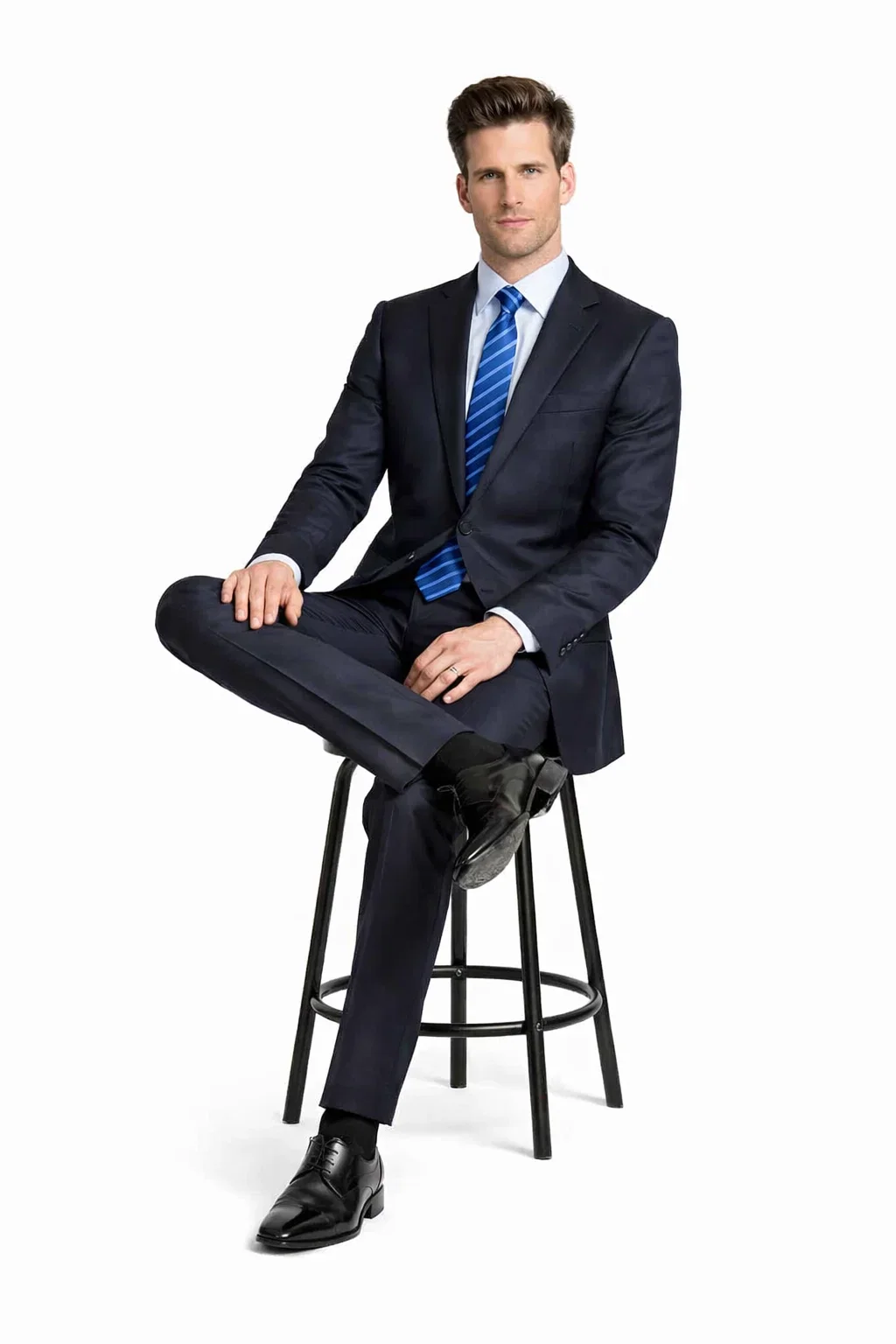Dark Navy Solid 100% Wool Flat Front Fitted Suit - Image 4