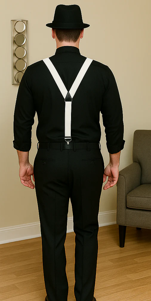 1920s Costumes Include Gangster Hat + Black Shirt + Black Flat Front Pants + Suspender + Free Tie unhemmed unfinished bottom Bundle Deal - Image 3