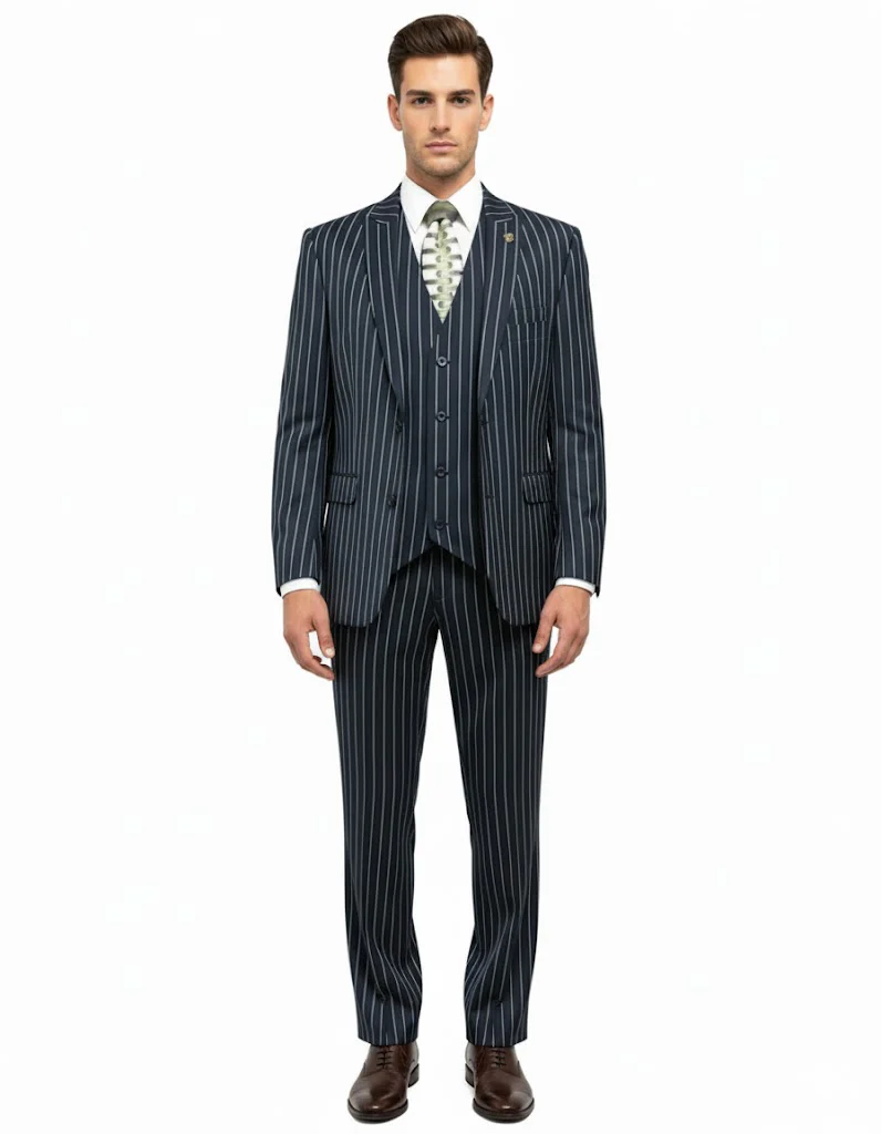 1920'S Gangster Bold Pinstripe ~ Stripe Men'S Stripe Mars Dark Blue Fashion Vested Suit Pleated Pant - Image 5
