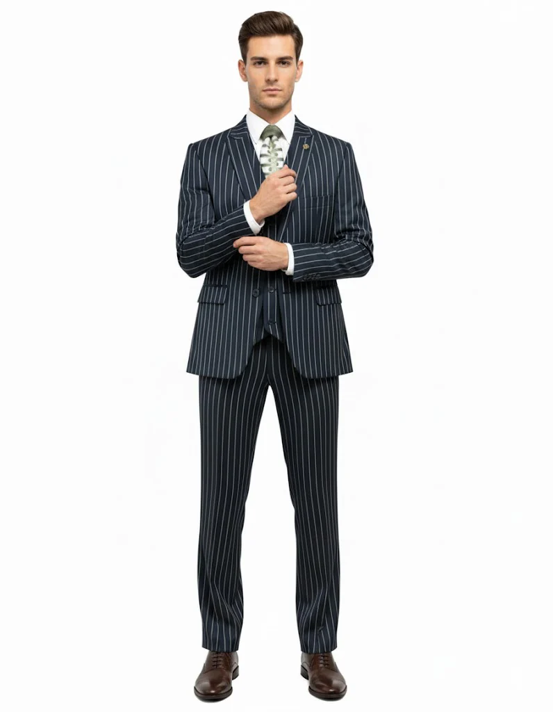 1920'S Gangster Bold Pinstripe ~ Stripe Men'S Stripe Mars Dark Blue Fashion Vested Suit Pleated Pant - Image 8
