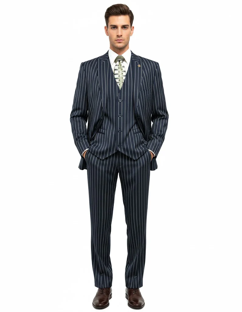 1920'S Gangster Bold Pinstripe ~ Stripe Men'S Stripe Mars Dark Blue Fashion Vested Suit Pleated Pant - Image 9