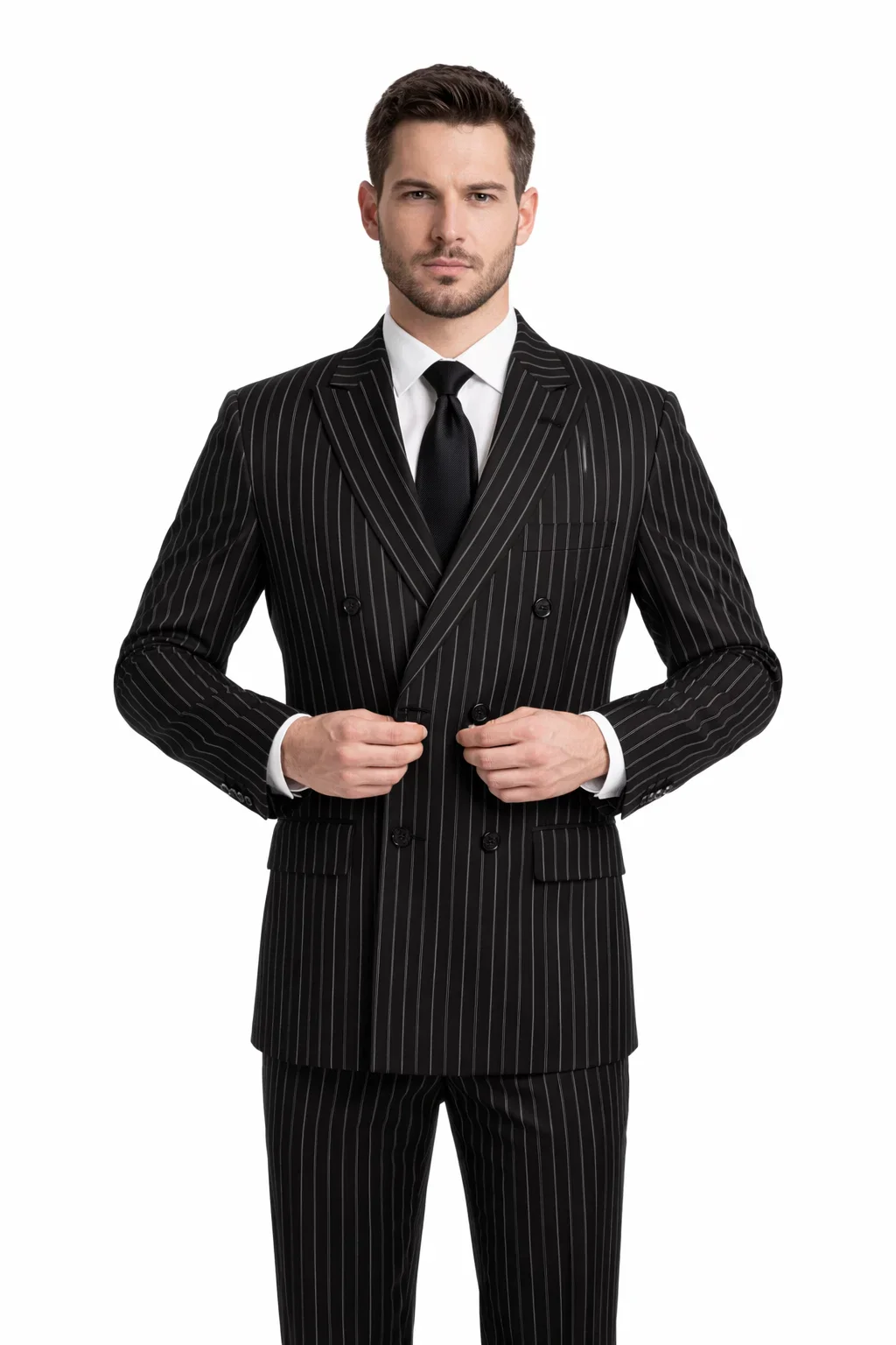 1920s Gangster Custom - Bold Gangster Pinstripe Suit Black - Image 3