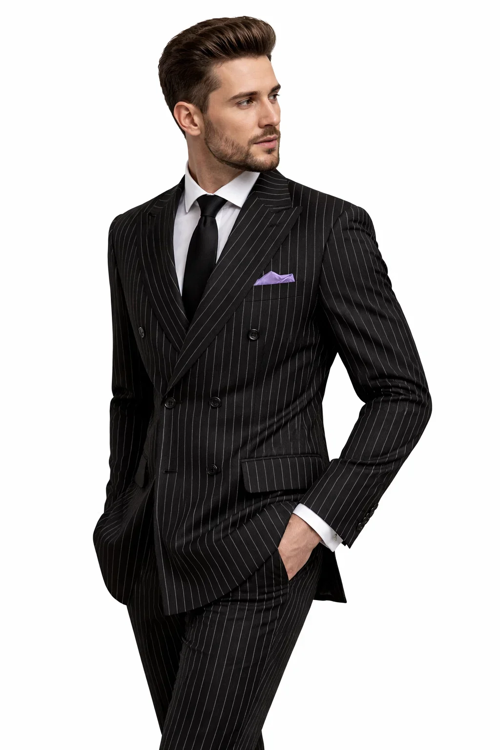 1920s Gangster Custom - Bold Gangster Pinstripe Suit Black - Image 4