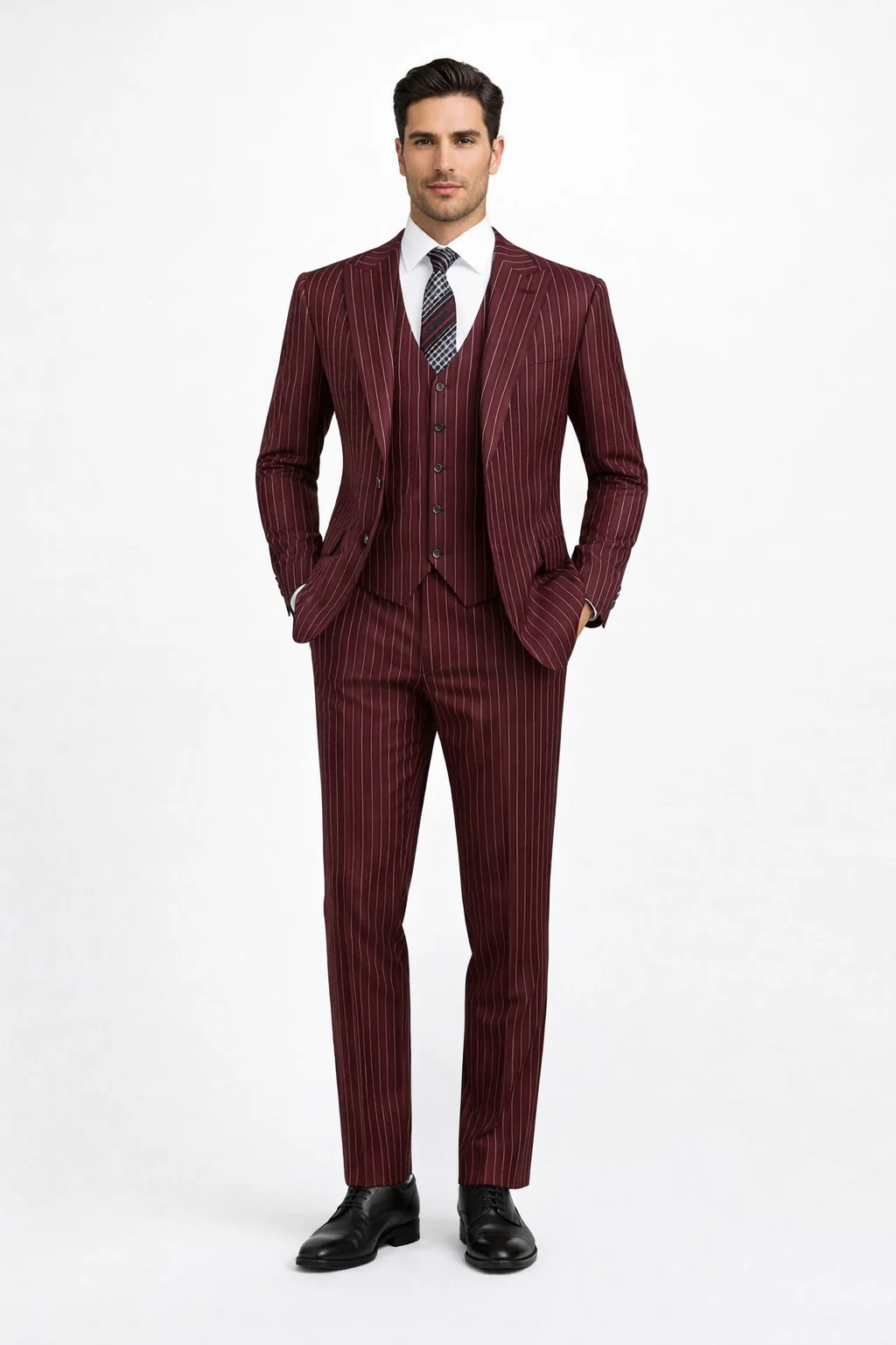 1920s Mens Suit - 1920s Mens Outfit - 1920s costume Bold Pinstripe Wide Suit in Burgundy