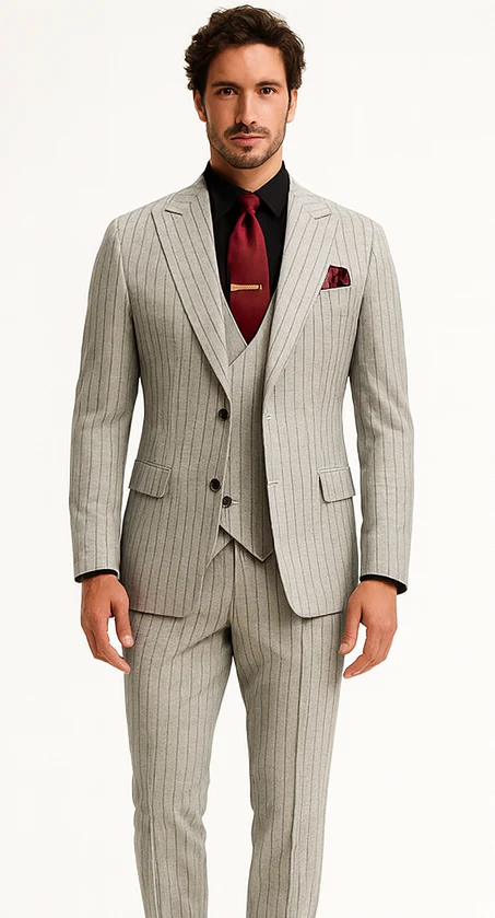 1920s Mint Grey And Black Pinstripe Suit - Vested Stripe Gangster Suits - SAM371SK-01