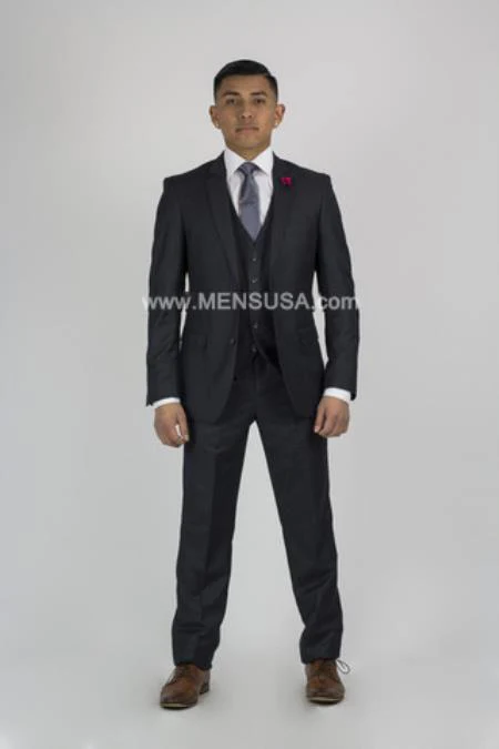 Vitali Brand Suits - 2 Button Sharkskin Textured Pattern Tapered Fit Suit Slim Fit With Vent Charcoal Online Discount Fashion Sale - Image 8