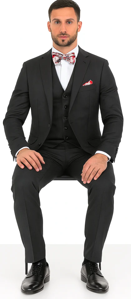 Vitali Brand Suits - 2 Button Sharkskin Textured Pattern Tapered Fit Suit With Vent Slim Fit Charcoal Online Discount Fashion Sale - Image 4