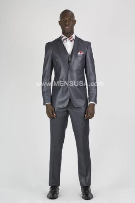 Vitali Brand Suits - 2 Button Sharkskin Textured Pattern Tapered Fit Suit With Vent Slim Fit Charcoal Online Discount Fashion Sale - Image 8