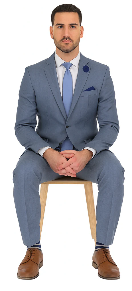Vitali Brand Suits - 2 Button Slim Fit Sharkskin Textured Pattern Tapered Fit Suit With Vent Light Blue Online Discount Fashion Sale - Image 4