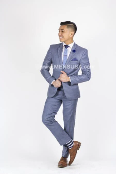 Vitali Brand Suits - 2 Button Slim Fit Sharkskin Textured Pattern Tapered Fit Suit With Vent Light Blue Online Discount Fashion Sale - Image 8