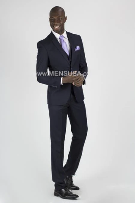 Vitali Brand Suits - 2 Button Suit Slim Fit Sharkskin Textured Pattern Tapered Fit With Vent Dark Navy Online Discount Fashion Sale - Image 8