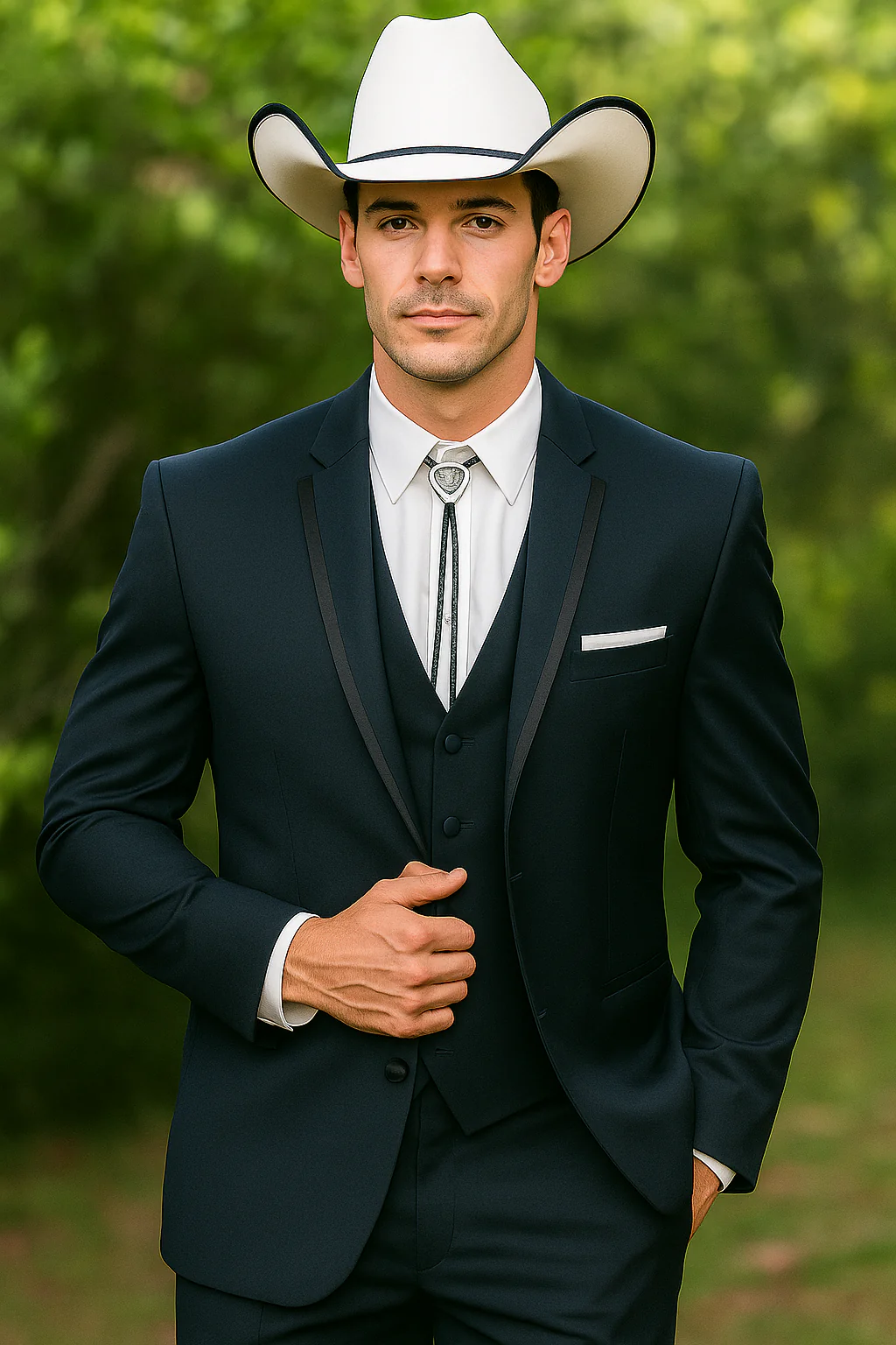 2 Button Vested Satin Trim Lapel Cowboy Tuxedo in Navy - Image 7