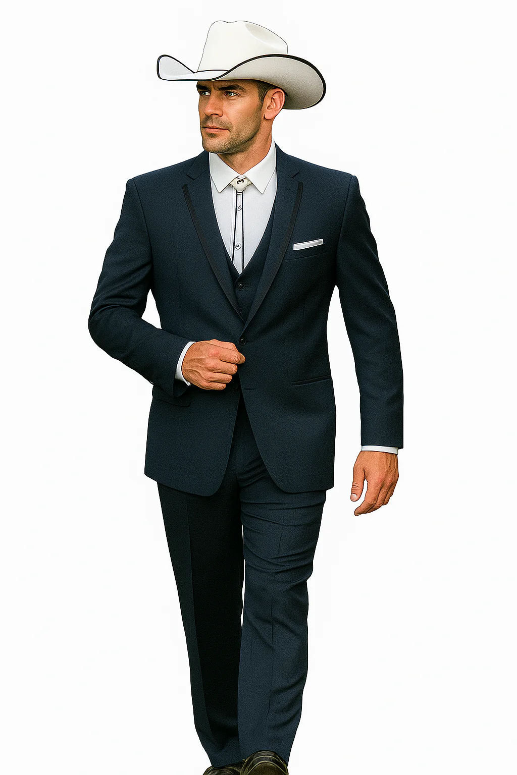 2 Button Vested Satin Trim Lapel Cowboy Tuxedo in Navy - Image 3