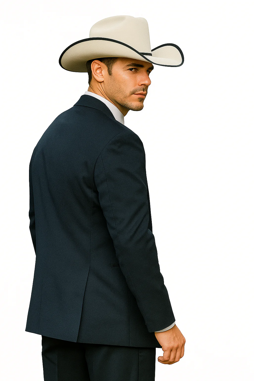 2 Button Vested Satin Trim Lapel Cowboy Tuxedo in Navy - Image 6