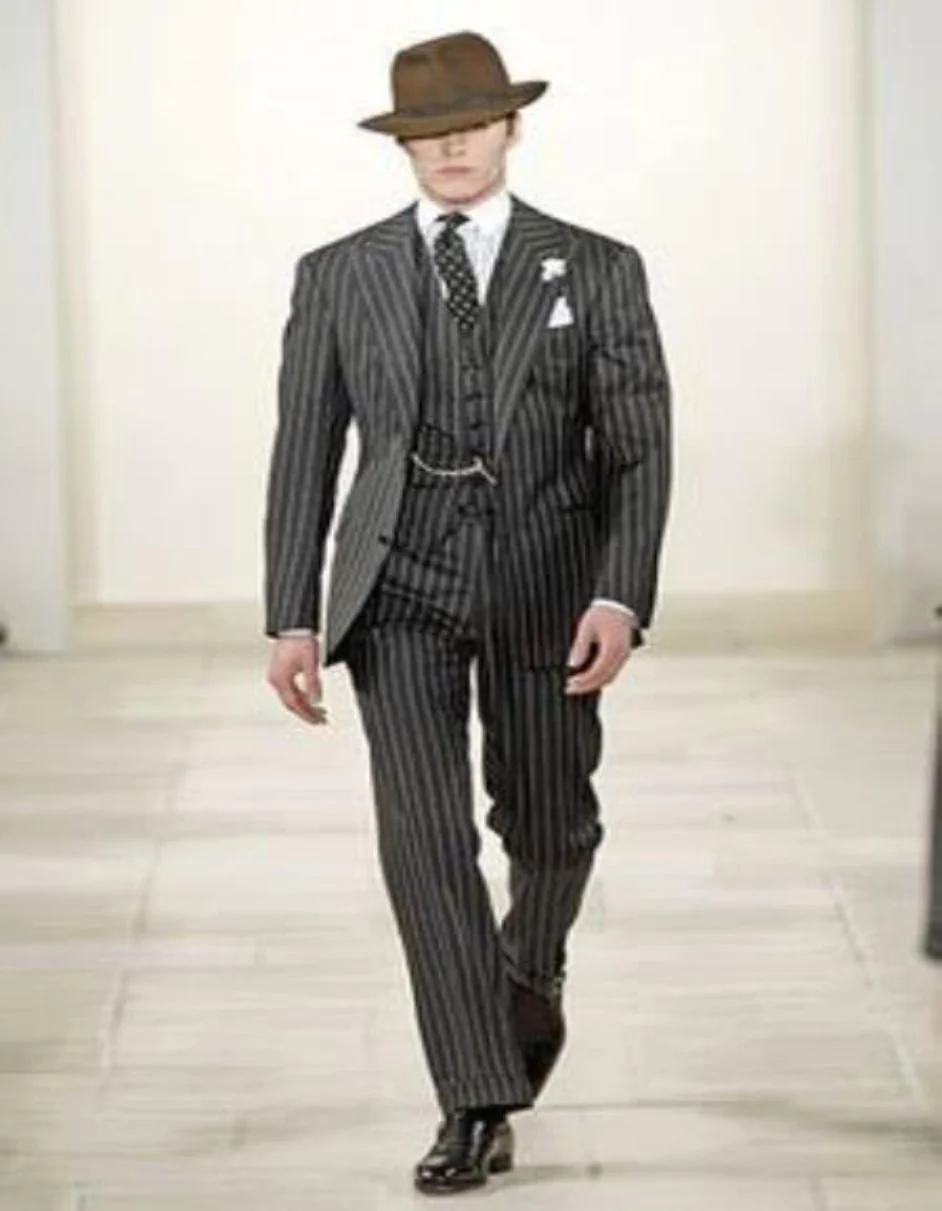 2 Buttons Black And Bold Chalk Gangster White Stripe Vested Big 1920 1930 Suits Flat Front Pants