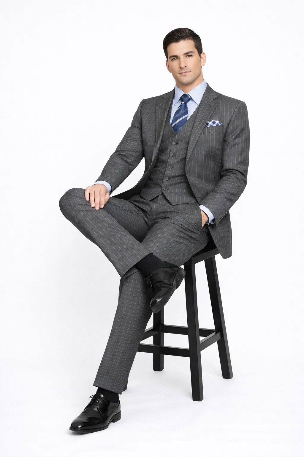 2 Buttons With Vest 3 Pieces Medium Grey PinStripes - Image 3