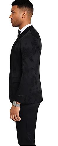 2026 Floral Mens 3PC Suit w/ Double Breasted Prom Vest by Tazzio, Black Black Prom Tuxedos - Image 4
