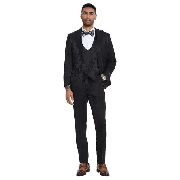 2026 Floral Mens 3PC Suit w/ Double Breasted Prom Vest by Tazzio, Black - Image 3