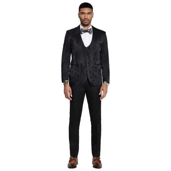 2026 Floral Mens 3PC Suit w/ Double Breasted Prom Vest by Tazzio, Black - Image 4