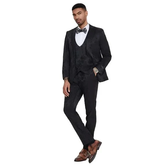 2026 Floral Mens 3PC Suit w/ Double Breasted Prom Vest by Tazzio, Black - Image 5
