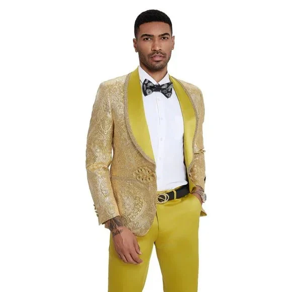 2026 Prom Special Mustard Paisley 2pc Mens Suit by Tazzio - Image 4