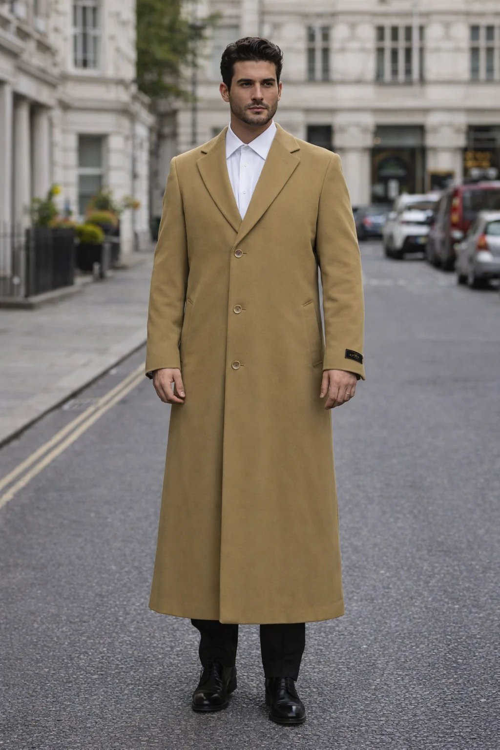 3 Button Camel Full Length Wool Dress Ankle length Top Coat/Overcoat - Mens Overcoat - Image 7