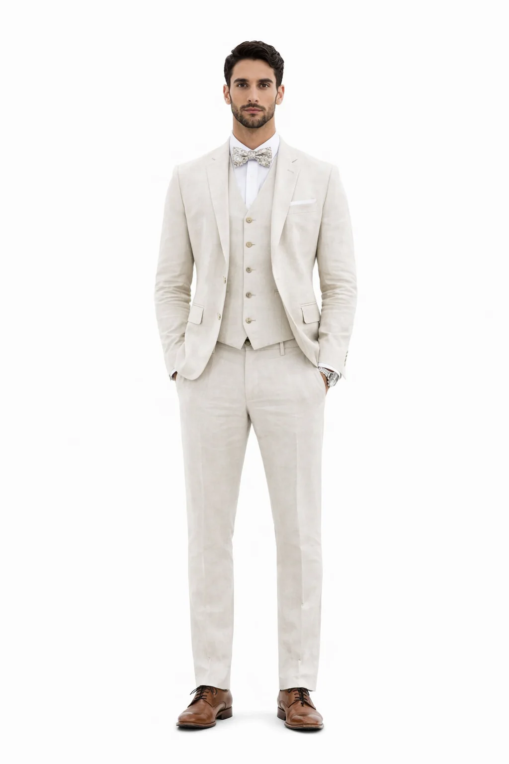 3 Piece Linen Suit - Ivory Mens Suit - Vested summer Suit - Image 6