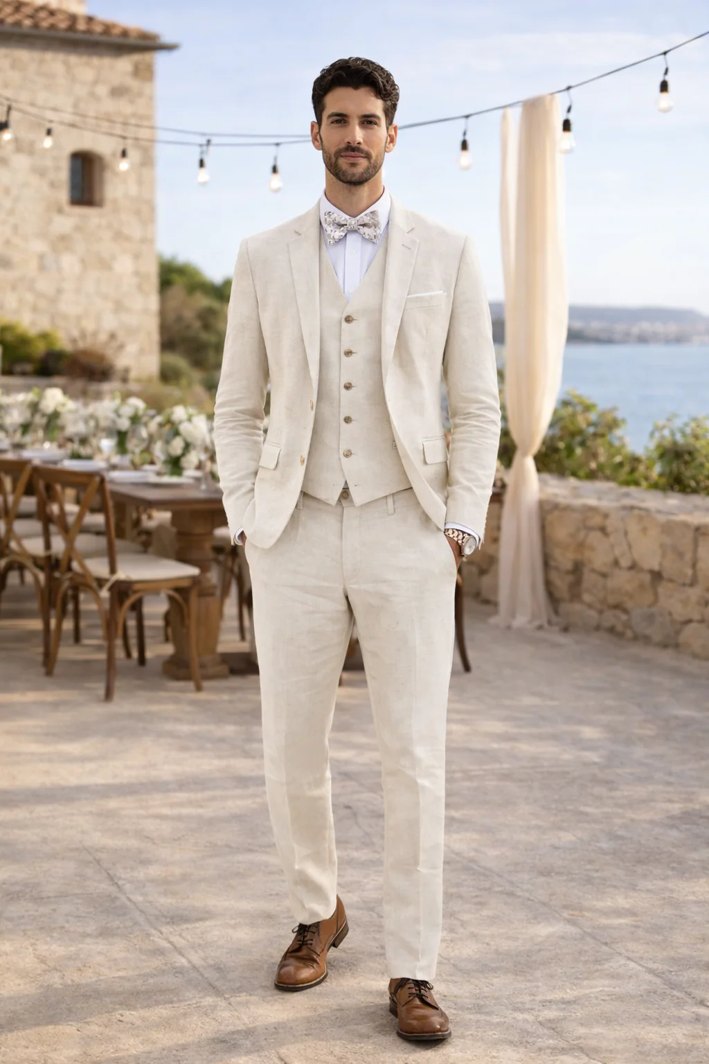 3 Piece Linen Suit - Ivory Mens Suit - Vested summer Suit - Image 7