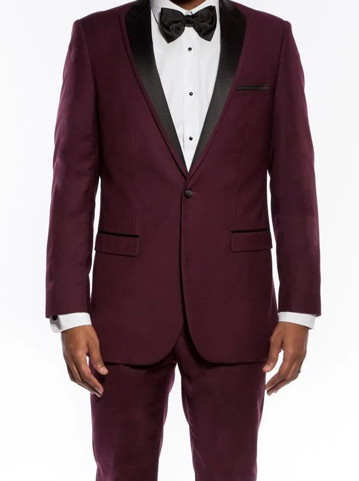 (40L) Burgundy Slim Fit 2 Piece Tuxedo With Satin Peak Lapel - Image 3