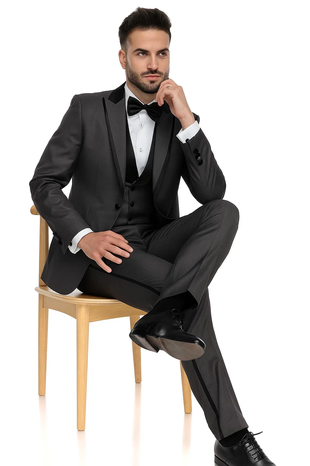 (42L) Gray Slim Fit Tuxedo 3 Piece with Satin Shawl Collar Vest - Image 3