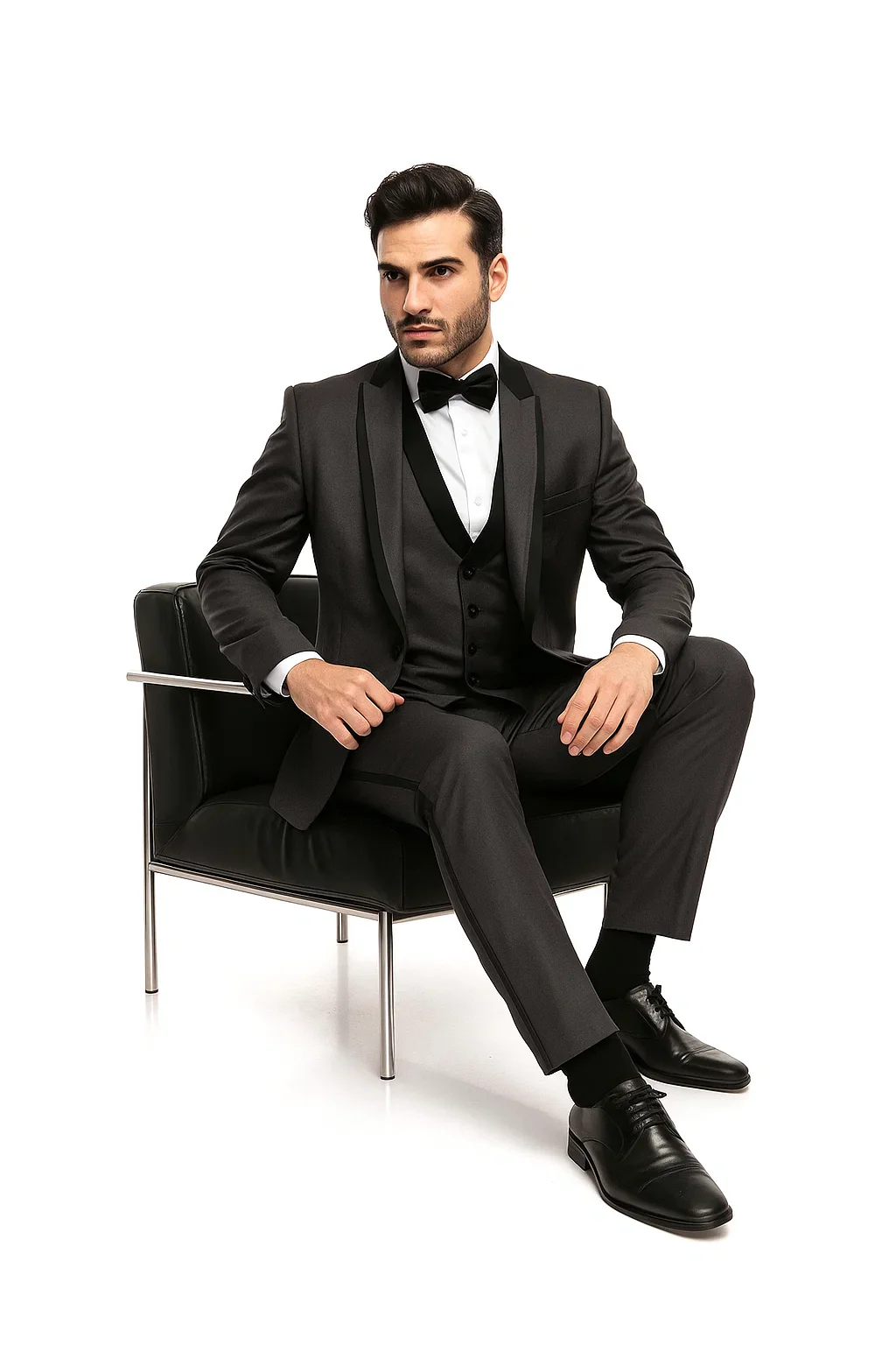 (42L) Gray Slim Fit Tuxedo 3 Piece with Satin Shawl Collar Vest - Image 4