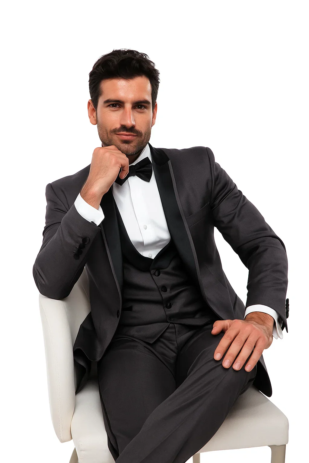 (42L) Gray Slim Fit Tuxedo 3 Piece with Satin Shawl Collar Vest - Image 5