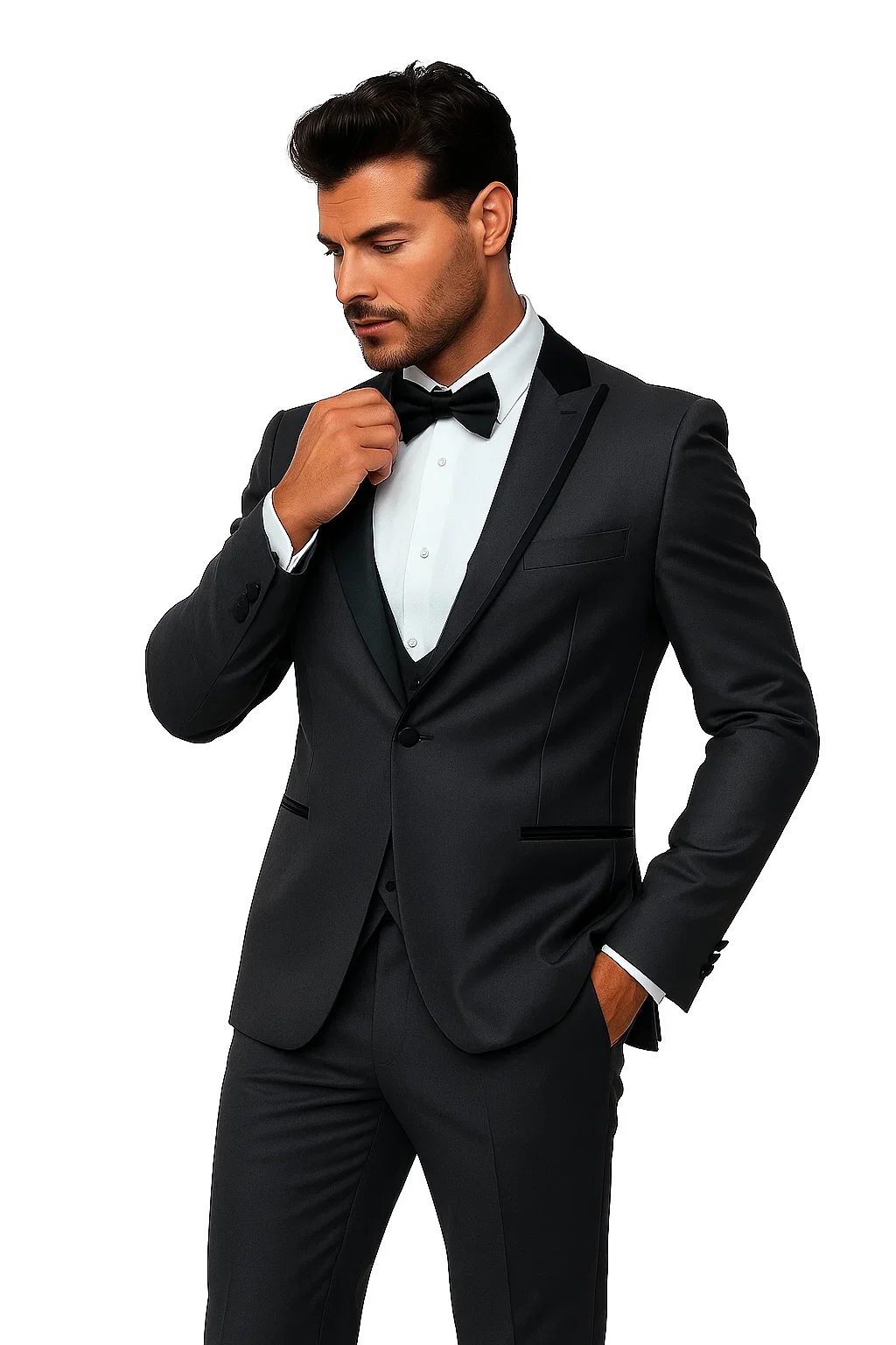 (42L) Gray Slim Fit Tuxedo 3 Piece with Satin Shawl Collar Vest - Image 6