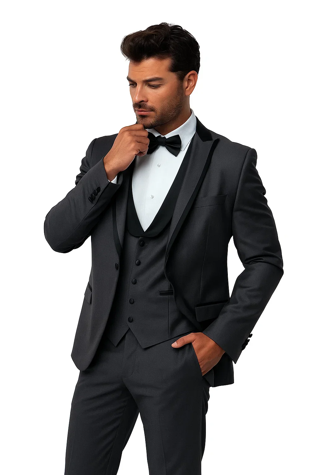 (42L) Gray Slim Fit Tuxedo 3 Piece with Satin Shawl Collar Vest - Image 7