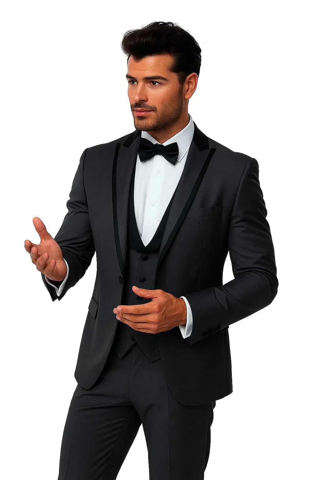 (42L) Gray Slim Fit Tuxedo 3 Piece with Satin Shawl Collar Vest - Image 8