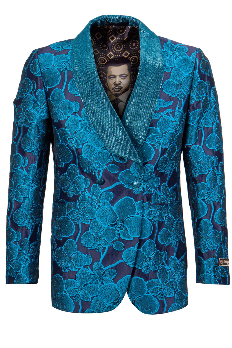 Aqua Turquoise Light Blue Color Men's Double Breasted Shiny Floral Embroidered Tuxedo Dinner Jacket in Turquoise