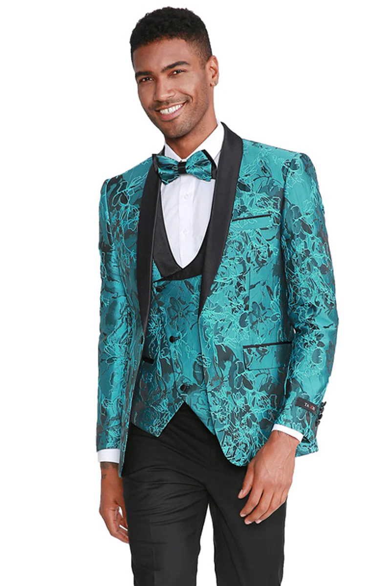 Aqua Turquoise Light Blue Color Men's Slim Fit One Button Vested Paisley Shawl Lapel Prom Tuxedo in Turquoise