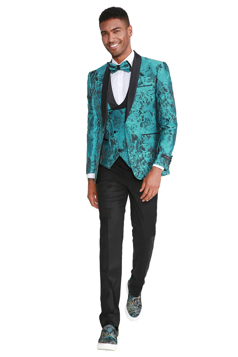 Aqua Turquoise Light Blue Color Men's Slim Fit One Button Vested Paisley Shawl Lapel Prom Tuxedo in Turquoise - Image 2