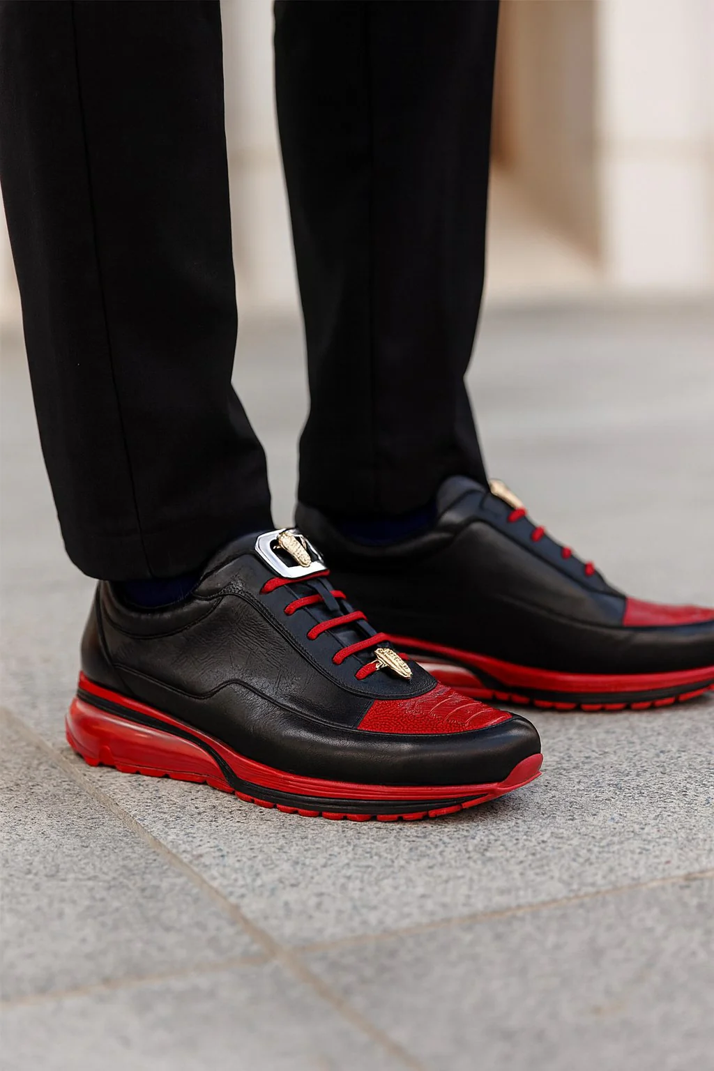 Belvedere Flash Men's Black & Red Ostrich-Calf Sneakers - Image 9