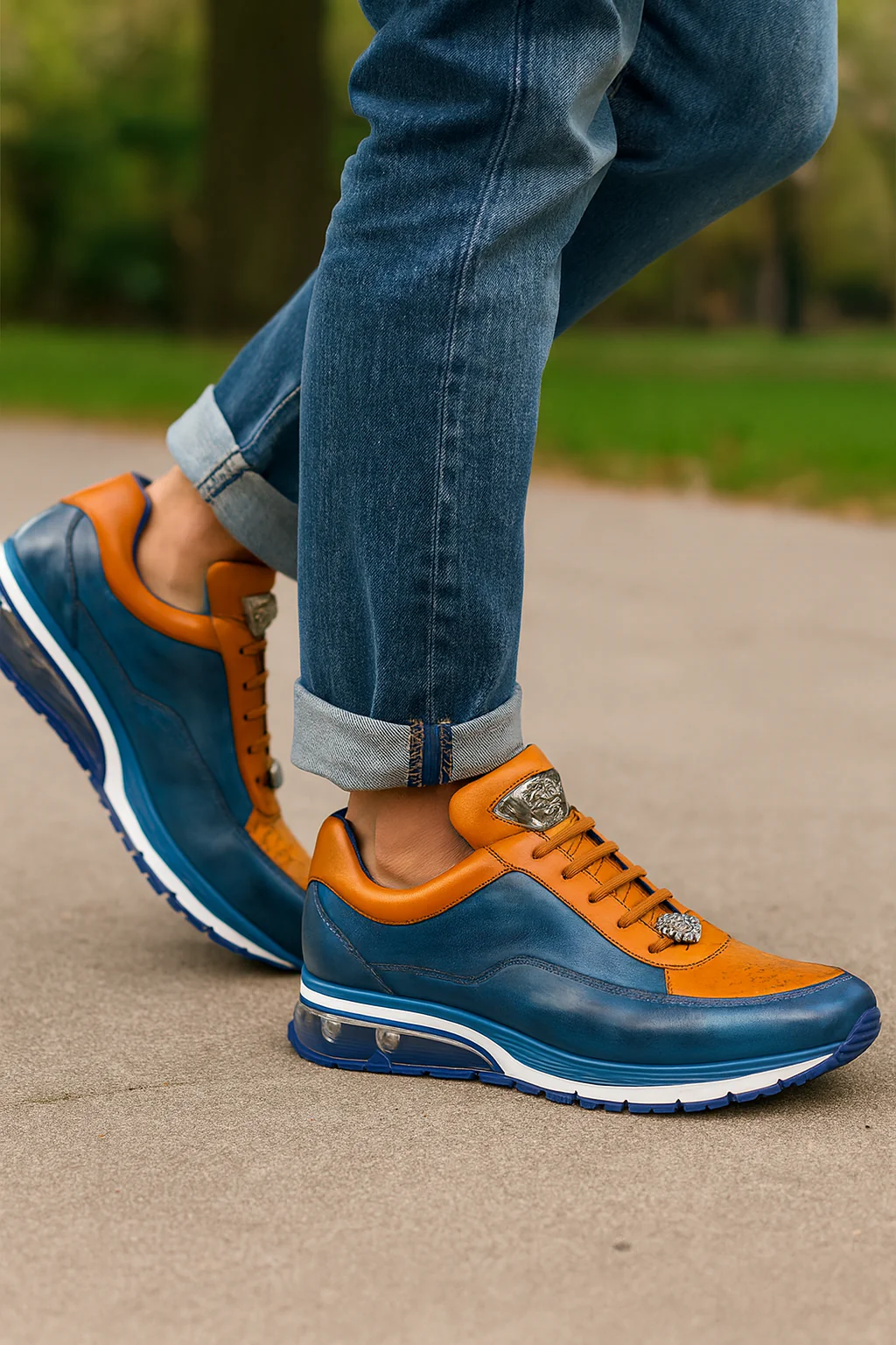 Belvedere Flash Blue Safari & Almond Ostrich-Calf Sneakers - Image 2