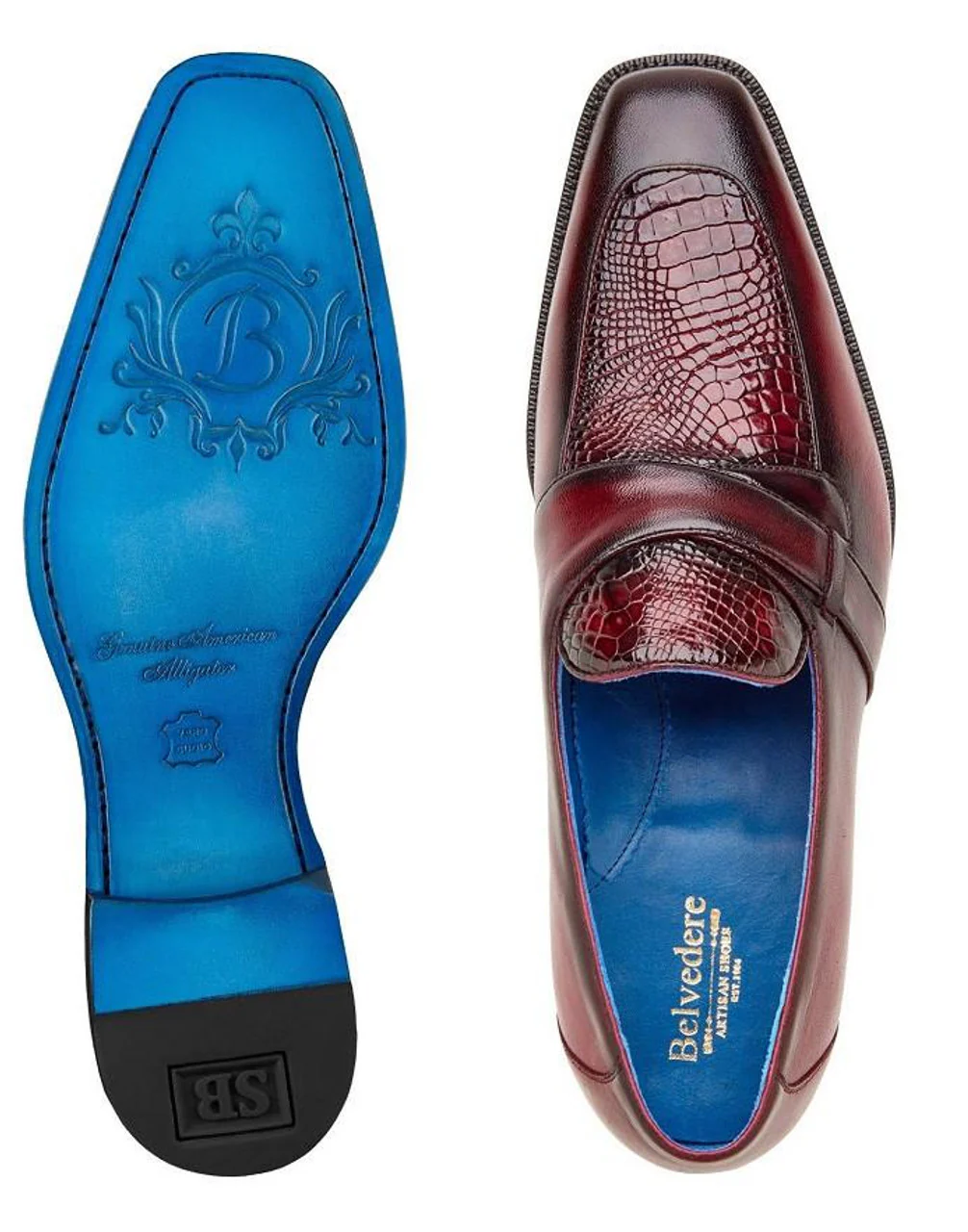 Belvedere Mens Alligator Dress Shoes Burgundy Slip On Tornado - Image 2