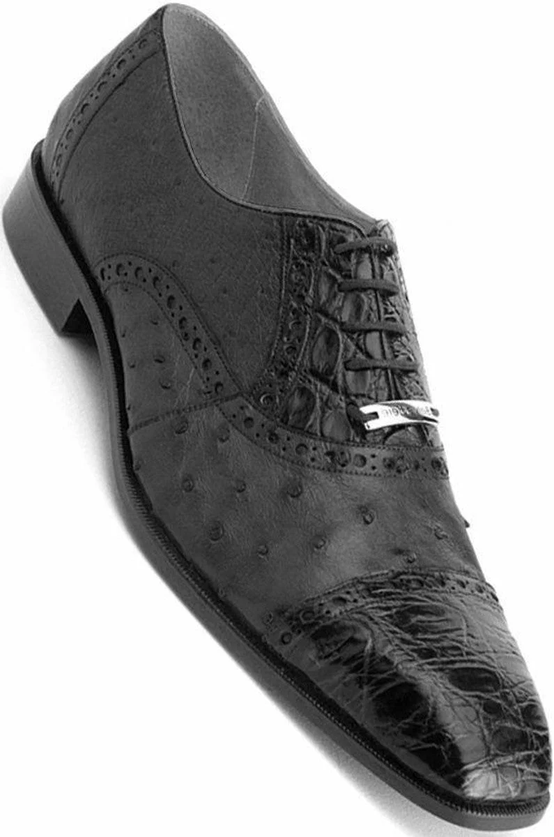 Belvedere Men's Black Cap Toe Ostrich & Crocodile Onesto Shoes