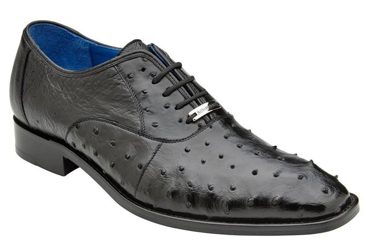 Belvedere Men's Black Ostrich Shoes Plain Toe Oxford Orlando