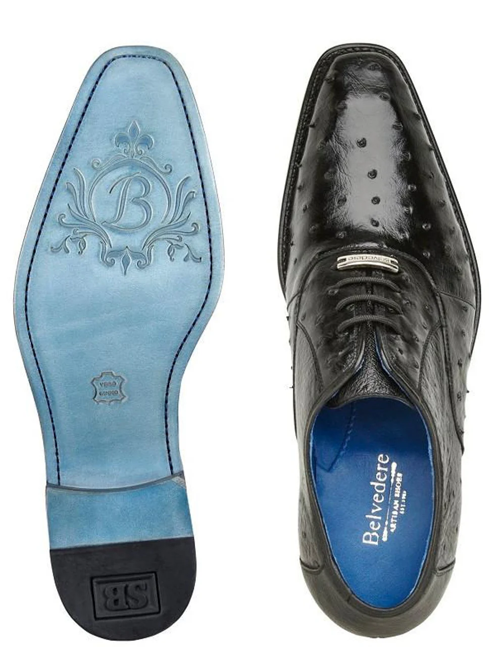 Belvedere Men's Black Ostrich Shoes Plain Toe Oxford Orlando - Image 2