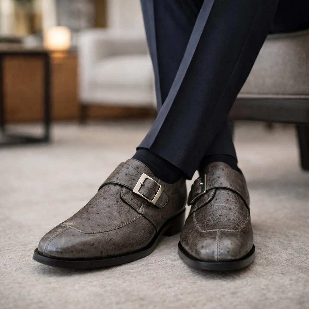 Belvedere Josh Grey Ostrich Monkstrap Dress Shoe for Men - Image 8