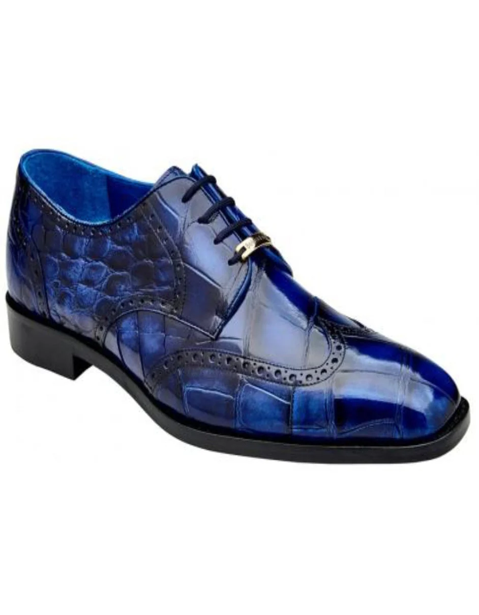 Belvedere Santo Antique Blue Alligator Wingtip Rubber Sole Derby Shoes