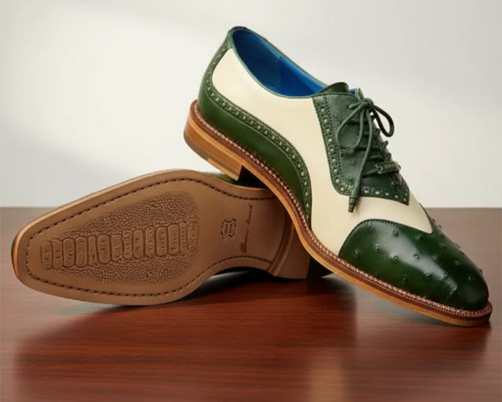 Belvedere Sesto Forest Green & Cream Genuine Ostrich Quill Italian Calf Wingtip Shoes - Image 2