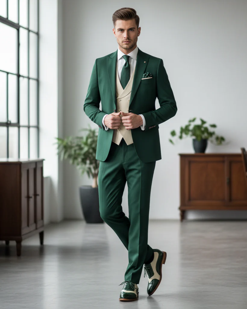 Belvedere Sesto Forest Green & Cream Genuine Ostrich Quill Italian Calf Wingtip Shoes - Image 3