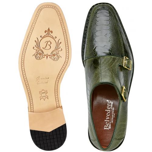 Belvedere Valiente Antique Forest Green Ostrich Leg Double Monk Strap Shoes - Image 3