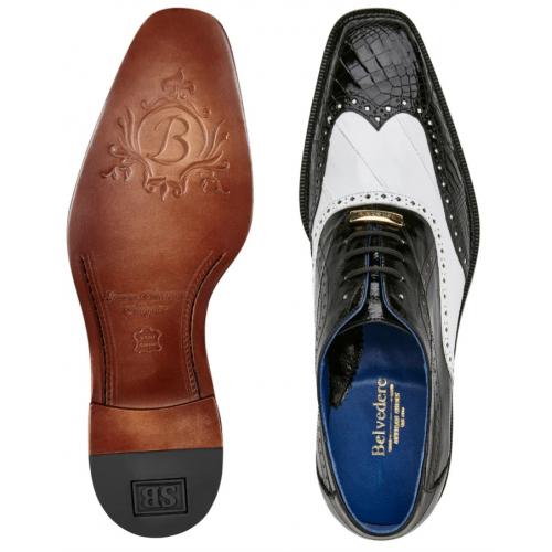 Belvedere Varo Black & White Alligator Eel Wingtip Shoes - Image 3